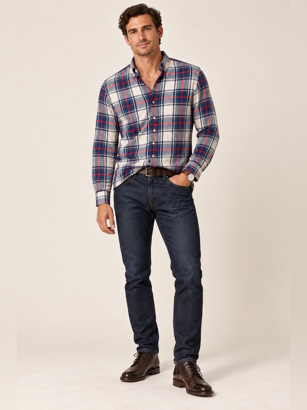J.Crew Mens Large Tartan Plaid Shirt Navy Red White Long Sleeve Button Down